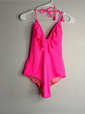 Victorias Secret One Piece Padded V-neck Hot Pink Ruffle neon Swimsuit Medium